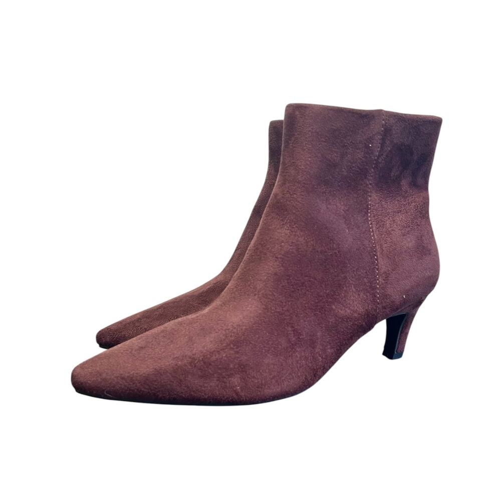 Women’s 9.5 Chocolate brown slim kitten heel pointed toe suede ankle booties - Picture 2 of 7